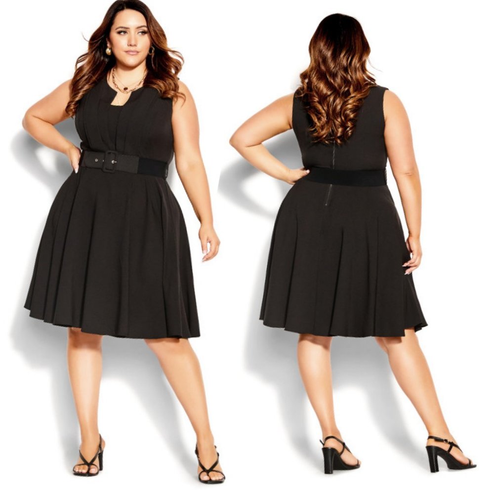 City Chic Black Sleeveless Belted Fit-and-Flare Dress